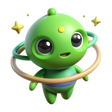 3d cute green alien character with ring isolated on transparent background