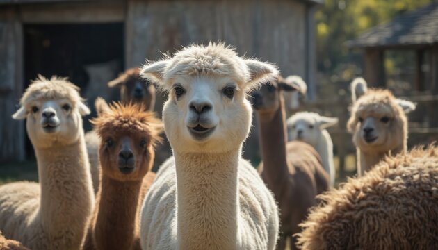 Six llamas stand in serene landscape with wooden barn, trees. Gray, white coats with darker shades add depth to image. Relaxed postures of llamas create peaceful scene. Animals interact in funny way.
