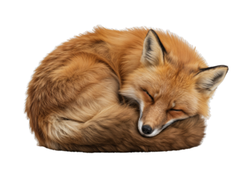 Red fox sleeping curled up on transparent background PNG