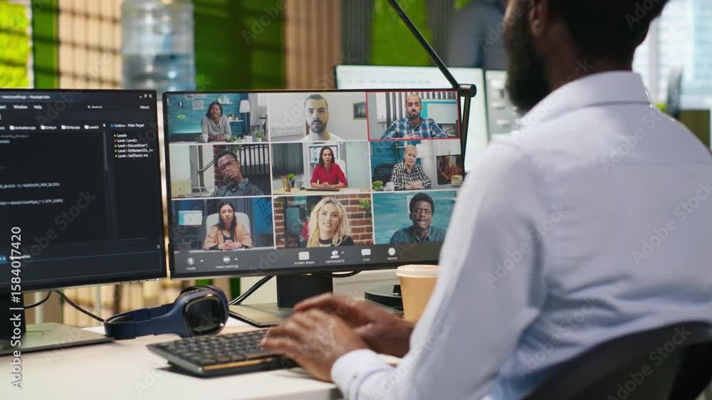Poster tech startup office team collaborating via videocall, doing brainstorming on backup solutions to pro