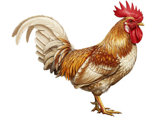 Fototapeta premium Rooster with brown feathers and white tail, illustrated and detailed as transparent PNG
