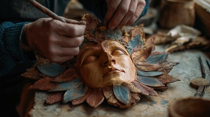 Close-up of artisan painting intricate details on a wooden mask