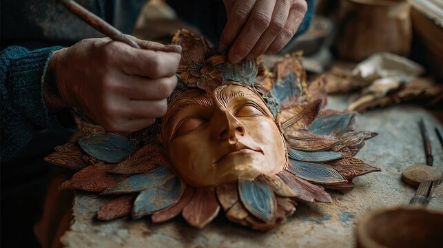 Close-up of artisan painting intricate details on a wooden mask