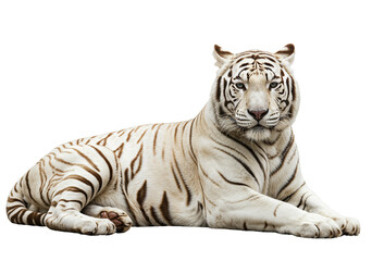 White tiger lying down looking at the camera on light background, majestic and as transparent PNG