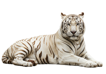 White tiger lying down looking at the camera on light background, majestic and as transparent PNG