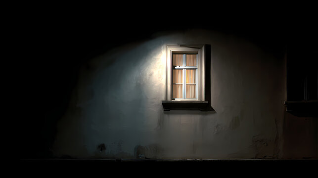 Single illuminated window seen from outside on dark building faade