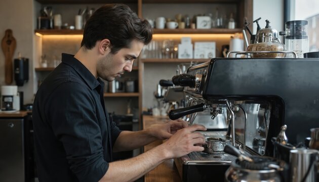Man in black shirt diligently works at coffee shop counter. He pours dark liquid into cup. Various coffee machines around counter, coffee beans on shelf above. Large window lets in natural light.