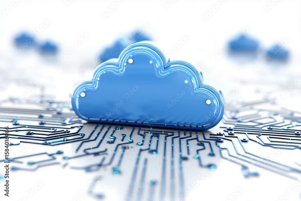 Poster 3d blue cloud icon on a white background with circuit board elements, a simple and minimalistic desi