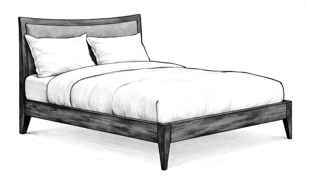 Minimalistic black drawing of single bed on white background. Modern design, simple elegance, inviting tranquility, restful moments. Single bed with white sheet, two white pillows. Wooden headboard, - Powered by Adobe