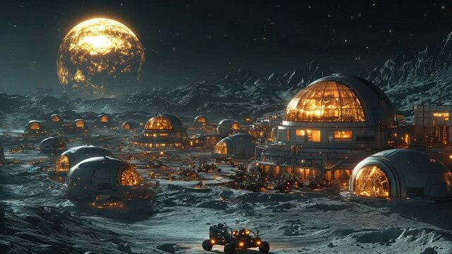 Futuristic lunar colony with geodesic domes under a large, glowing sun