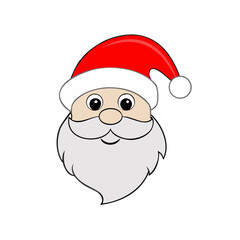 Friendly cartoon santa claus face with a red hat and white beard on black background