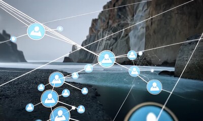 Abstract Network Flowing Over Water Near Rocky Shore Landscape - Powered by Adobe