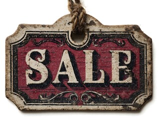 A weathered sale tag with a vintage design hangs by a st indicating a reduction in prices offered now.