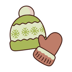 Cute cartoon winter hat and mitten with snowflakes and fluffy trim