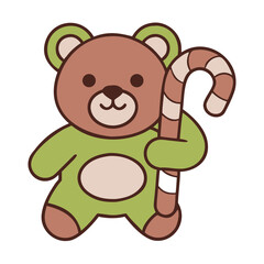 Cute cartoon teddy bear holding a striped candy cane with a festive green outfit