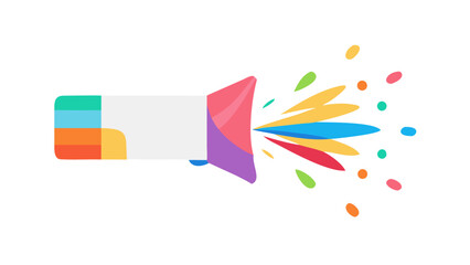 Colorful abstract explosion of shapes and colors emanating from a megaphone
