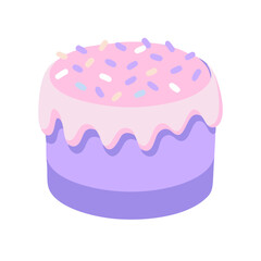 Cute cartoon cake with pink frosting and colorful sprinkles on black background