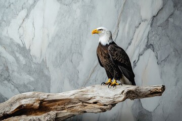 A majestic bald eagle with piercing gaze perches proudly on a weathered branch against a textured gray backdrop.