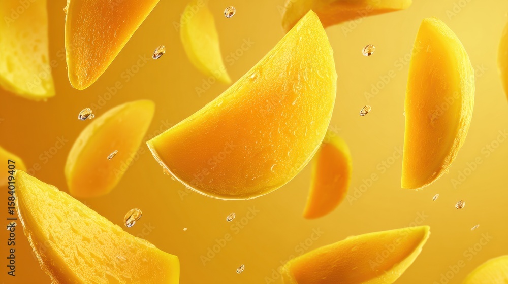 Poster floating mango slices with realistic drop shadows against a clean yellow background