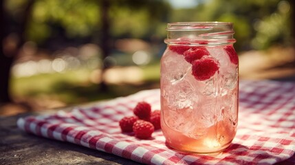Raspberry iced drink in mason jar, picnic setting (1)