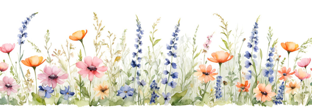 A delicate watercolor border of vibrant wildflowers, perfect for spring or summer designs