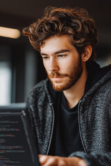 AI-powered web development and programming. A software developer coding with artificial intelligence support, ideal for content about machine learning, AI-assisted coding, next-gen tech solutions.