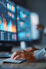 Analyst working with computer in Business Analytics and Data Management System to make report with KPI and metrics connected to database. Corporate strategy for finance, operations, sales, marketing.