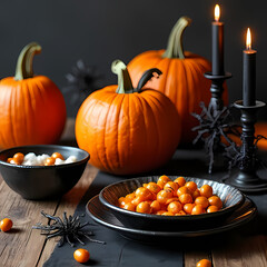 A rustic Halloween table setup with carved pumpkins, black candles, candy bowls, and spider web decorations