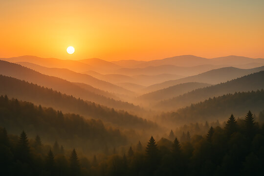 A majestic and serene golden sunrise over layers of misty mountains, with fog settling in the forested valleys, creating a breathtaking and peaceful landscape view.