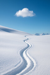 Fototapeta premium A minimalist and serene winter landscape featuring winding ski tracks in fresh powder snow leading down a mountain under a clear blue sky with a single cloud, symbolizing journey and freedom.