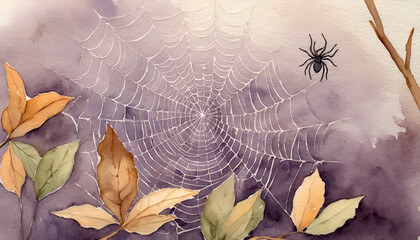 A haunting watercolor autumn scene with a spiderweb, bare branches, and fallen leaves