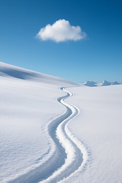 A minimalist and serene winter landscape featuring winding ski tracks in fresh powder snow leading down a mountain under a clear blue sky with a single cloud, symbolizing journey and freedom.