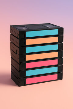 A nostalgic stack of retro VHS video cassette tapes with colorful blank labels, symbolizing the home entertainment, movies, and technology of the 80s and 90s, set against a pastel background.
