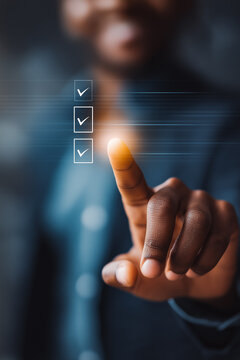 Digital feedback form interface, Businessman interacting with virtual online form. Perfect for customer feedback, survey UI, contact forms, digital onboarding, user experience in web applications.