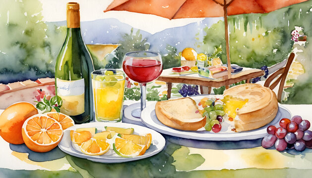 Watercolor Still Life of a Sunny Outdoor Brunch with Fruits, Toast, and Orange Juice