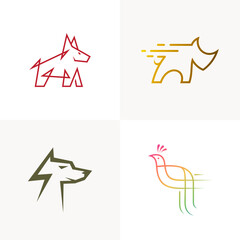pet logo with line, dog and peacock icons
