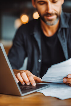 Invoice for payment, digital invoice document, e-invoice and Digital billing concept, man using laptop to manage electronic statements. E-tax, Online invoice processing and tax accounting solutions.