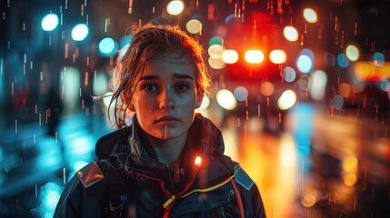 Obraz premium A young female first responder with wet hair stands in the rain at night, looking directly at the camera with a solemn and weary expression. The scene is lit by the colorful bokeh of emergency lights