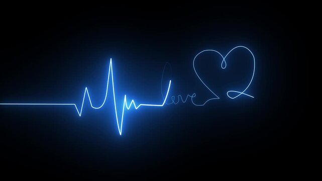 Neon Heart Beat ECG EKG Animation Isolated Background. Abstract Glowing Neon Heart Beat Single Loop Animation Neon heartbeat and pulse rate on black background. Heart bit signal animated in love.4K