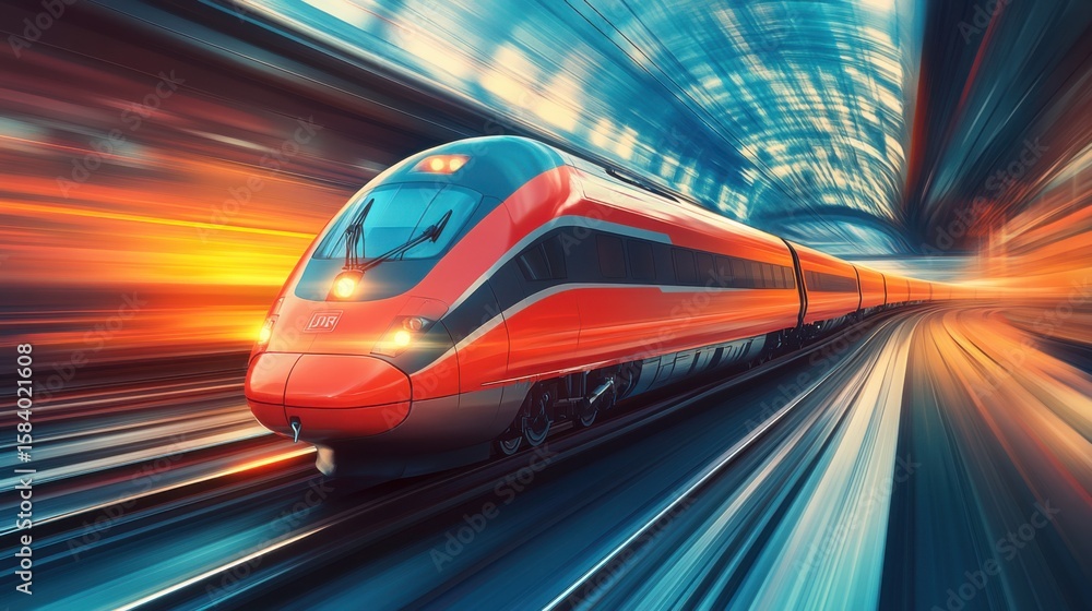 Poster dynamic high-speed train in motion through a modern station environment