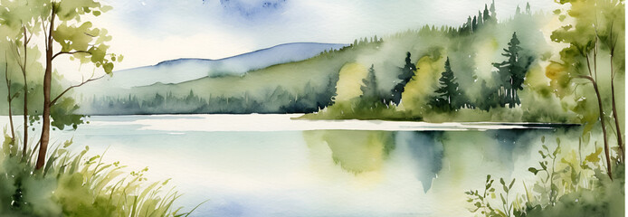 Watercolor Landscape of Serene Mountain Lake with Evergreen Forests and Misty Hills