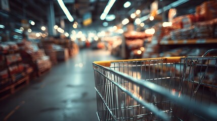 A shopping cart is pushed through a grocery store aisle lined with shelves and bright overhead lighting.