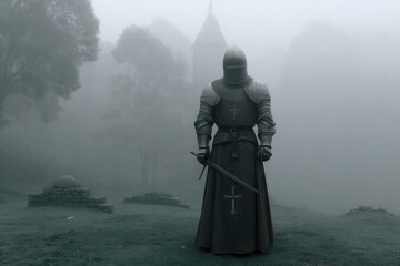 Mystical knight guarding ancient secrets in foggy forest at dawn