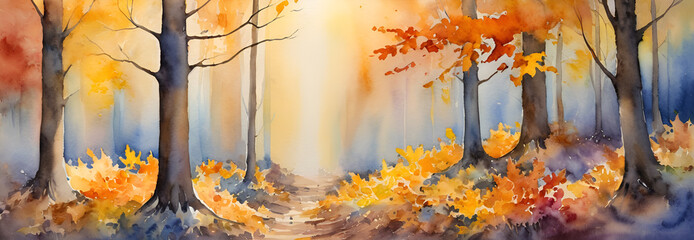 Watercolor Autumn Forest Path with Golden Sunlight and Vibrant Fall Foliage