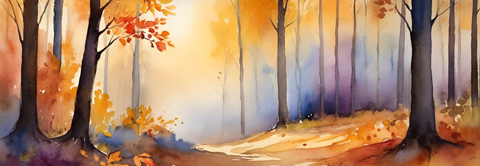 Watercolor Autumn Forest Path with Golden Sunlight and Vibrant Fall Foliage