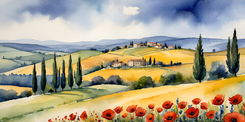 Watercolor Tuscany Landscape with Poppy Fields, Cypress Trees, and Hilltop Villages