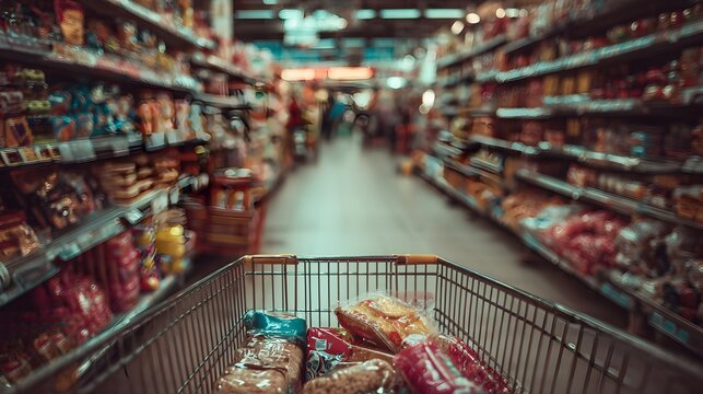 A shopping cart filled with groceries is pushed down a blurred aisle at a busy supermarket for shoppers.