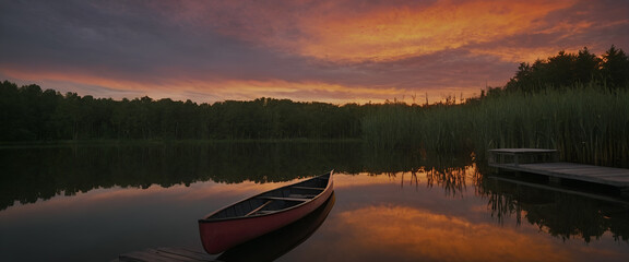 Serene Sunset over a Calm Lake with a Lone Red Canoe Reflecting the Vibrant Sky