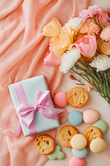 Pastel Gift Flatlay with Sweets and Flowers