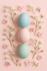 Fototapeta premium An elegant Easter flat lay composition featuring a vertical row of pastel blue, pink, and green speckled eggs, surrounded by delicate spring flowers on a soft pink background.